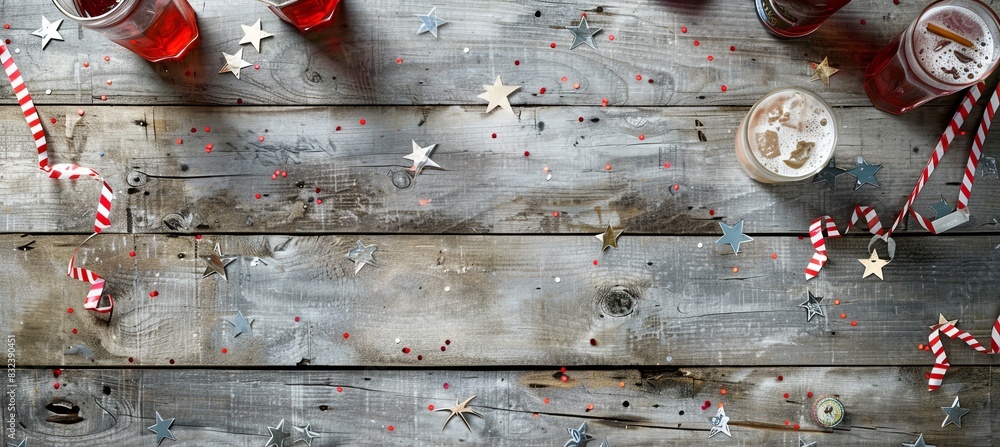 Sticker Top View of a Grey Wooden Desk with American Flag, Patriotic Bunting, and Festive Beverages, Creating Copy Space