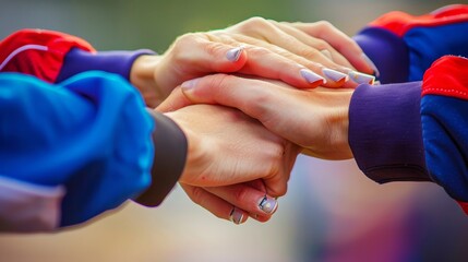 Handball team huddle for teamwork and strategy at summer olympics, emphasizing competitive edge