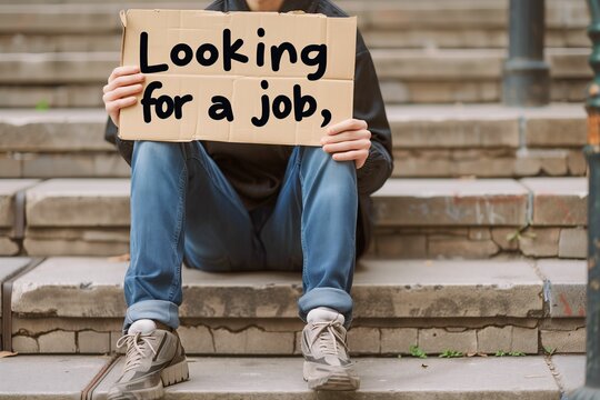 Person Sitting on Steps Holding "Looking for a Job" Signboard