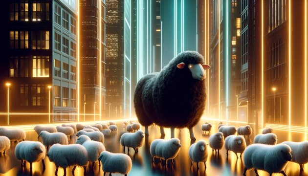 Surreal image of a large black sheep leading a flock of white sheep in a neon-lit futuristic cityscape at night.