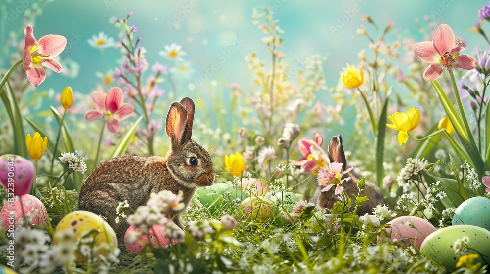 Poster a whimsical, easter background with bunnies, eggs, and spring flowers. - Posters