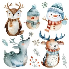 Cute Winter Woodland Animals and Snowmen in Watercolor - Festive Holiday Illustrations