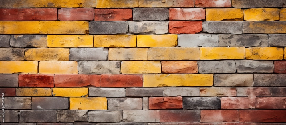 Aufkleber Brick wall with a vibrant color palette of yellow grey and red serving as a textured background with copy space image