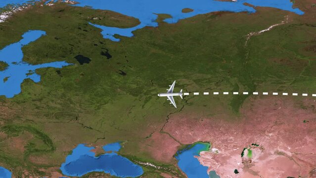 International flight travel route from Tokyo to Paris on worlds map in 4K