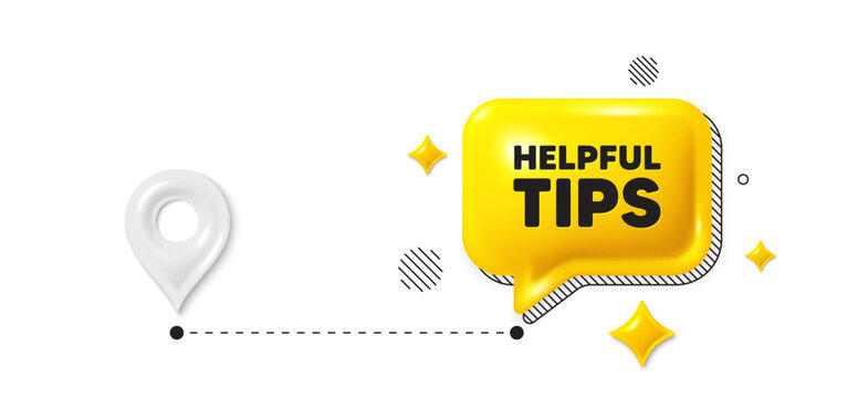 Road journey position 3d pin. Helpful tips tag. Education faq sign. Help assistance symbol. Helpful tips message. Chat speech bubble, place banner. Yellow text box. Vector