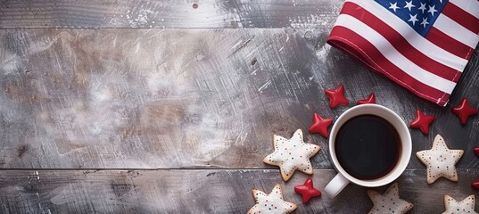 Top View of a Grey Wooden Desk with American Flag, Sparklers, and Coffee Cup, Creating Copy Space Display