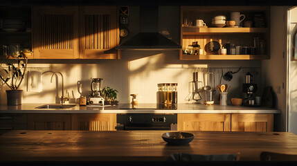 A kitchen with a wooden counter and four stools