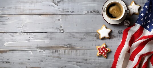 Top View of a Grey Wooden Desk with American Flag, Star-Shaped Cookies, and Coffee Cup, Creating Copy Space