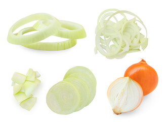 Set of Chopped onion pieces isolated on a white background. Onion slices  Collection. Top view. Flat lay