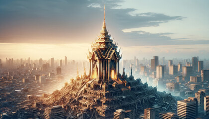 Naklejka premium Beautiful temple with intricate architecture at sunrise, nestled within a sprawling cityscape under a serene sky.