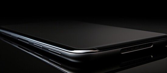 A black smartphone captured in a close up shot against a black background with copy space image