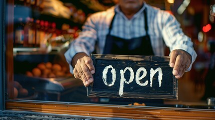 Shop Owner Holding 'Open' Sign in Front of Display at Local Store