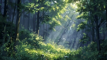 Picture of a woodland with speckled sunlight shining through the branches