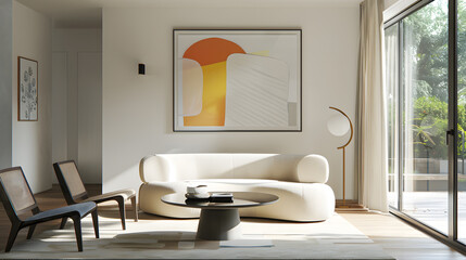 A modern living room with a white couch and a brown chair