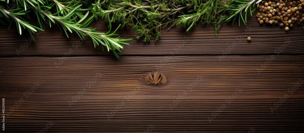 Aufkleber sprigs of fresh fragrant rosemary in a bunch and other spices on a brown wooden background copy spac