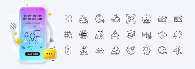 Patient, Music and Qr code line icons for web app. Phone mockup gradient screen. Pack of Inflation, Internet book, Coronavirus pictogram icons. Swipe up, Internet search, Quick tips signs. Vector