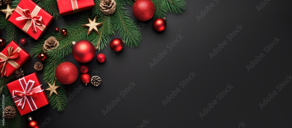 Poster Christmas themed composition featuring elegant elements Vibrant red gifts and decorations contrasting with the green fir tree branches all set against a clean white background This image captures the