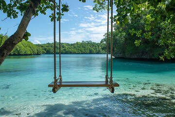 Relax on a peaceful swing above a pristine lagoon, gently swaying in the breeze while enjoying the stunning views of tranquil waters below
