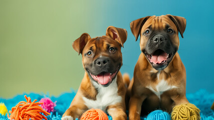 Cute dogs sitting with colorful yarn balls