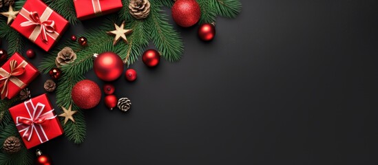 Christmas themed composition featuring elegant elements Vibrant red gifts and decorations contrasting with the green fir tree branches all set against a clean white background This image captures the