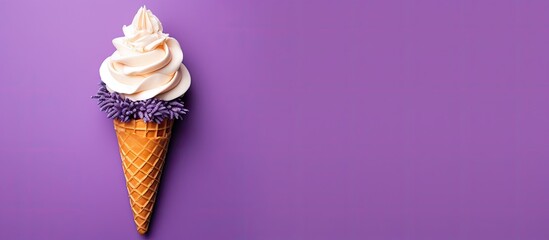 Ice cream cone with sliced carrots in the center of the violet background Top view Copy space