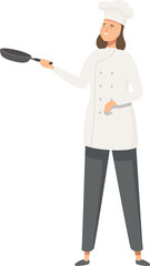 Cartoon of a female chef in uniform confidently holding a frying pan, isolated on a white background