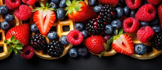 Fototapeta premium A flat lay of Belgian waffles with fruit toppings seen from a top view providing space for text. copy space available