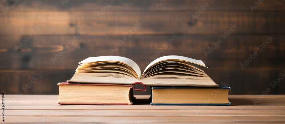 Poster open book hardback on stack books on wooden background back to school with copy space