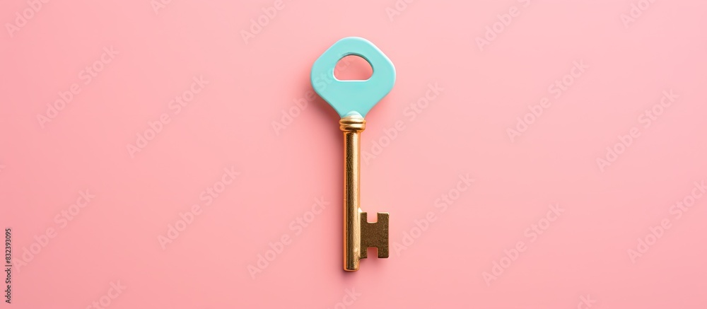 Aufkleber Golden key on a multicolored background top view Trendy colorful photo Minimal style with colorful paper backdrop Flat lay concept golden key on pastel background Trendy minimal flat lay concept