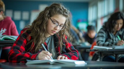 A concentrated female student jotting down notes during a lecture in a high school classroom setting