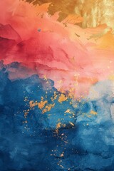 Beautiful Japanese-inspired watercolor painting featuring vibrant gold, blue, and crimson hues.