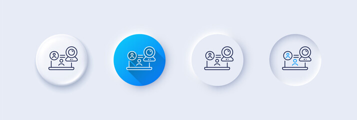 Video conference line icon. Neumorphic, Blue gradient, 3d pin buttons. Online training sign. Web camera symbol. Line icons. Neumorphic buttons with outline signs. Vector
