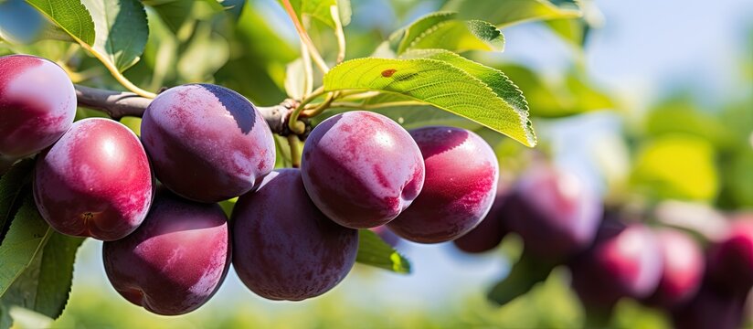 A closeup of a plum tree showcasing organic ripe damson plums with ample copy space for an image