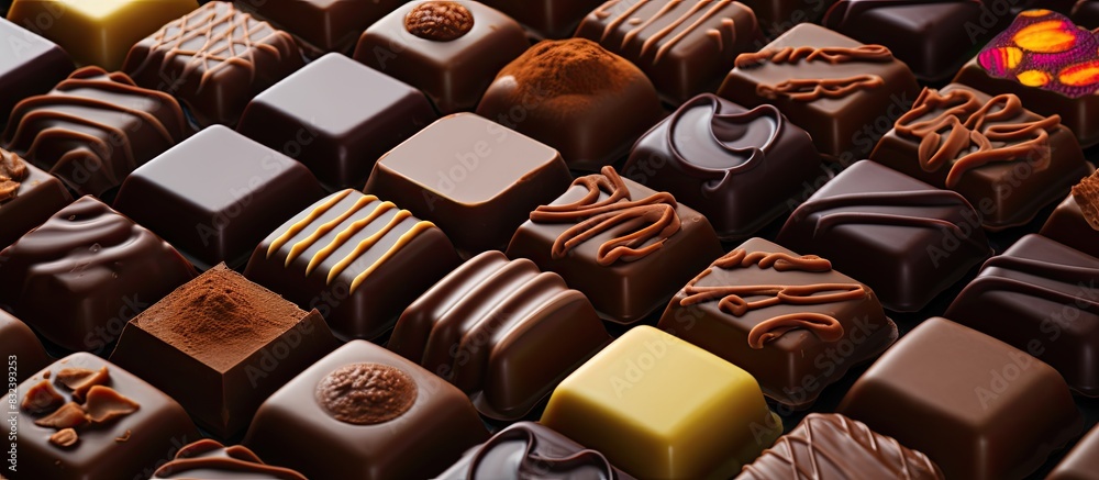 Poster different kinds of chocolates on colored table close up top view and flat lay with copy space