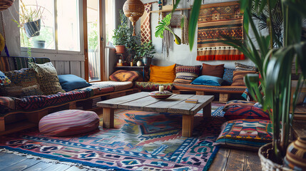 A living room with a rug, pillows, and plants