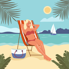 Young relaxed woman sitting on the deckchair. Beach scene. Vector flat style cartoon  illustration