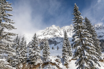 The high and steep peaks of the snowy Hochkönig mountain in Mühlbach am Hochkönig province of Salzburg in district Sankt Johann im Pongau in Austria.
