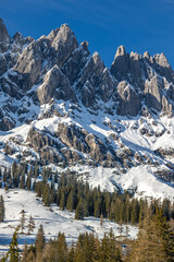 The high and steep peaks of the snowy Hochkönig mountain in Mühlbach am Hochkönig province of Salzburg in district Sankt Johann im Pongau in Austria.