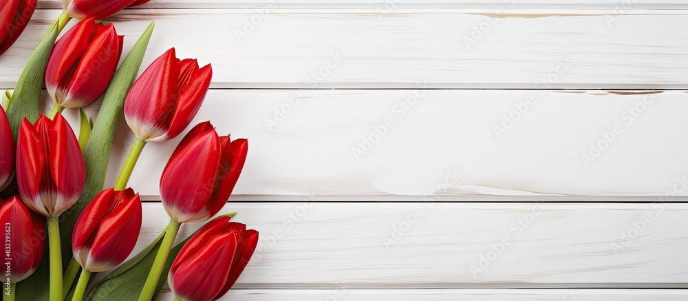 Poster Beautiful fresh red and white tulips and heart shaped candles on a white painted wooden background Top view copy space Valentine s Day