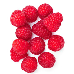 Raspberry isolated. Fresh raspberries on white background. Heap of raspbrries top view, flat lay, package design. Macro.
