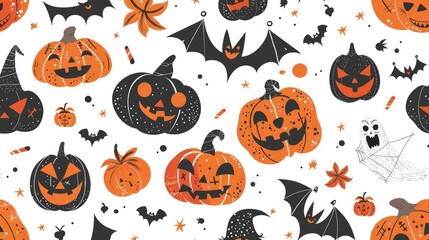 Fototapeta premium Seamless Halloween cartoon pattern featuring pumpkins vampires and monsters for kids clothing wrapping paper fabrics linens and accessories