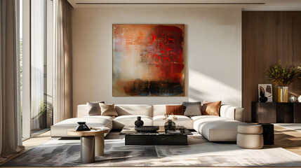 A living room with a black and white abstract painting on the wall