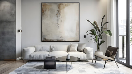 A living room with a black and white abstract painting on the wall