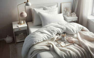 Luxury bedroom. King bed with white linens and pillows. Interior with view window, bed with white bed linen and curtains.