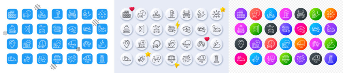 Truck parking, Gift and Delivery route line icons. Square, Gradient, Pin 3d buttons. AI, QA and map pin icons. Pack of Cancel flight, Battery, Backpack icon. Vector