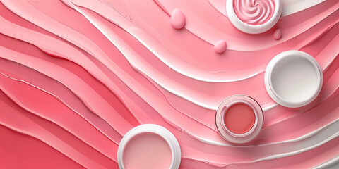Beauty products makeup cosmetics. Place for text. Pink background, copy space. Top view. Creative design template banner Background wallpaper poster  header social media post. Generative Ai content