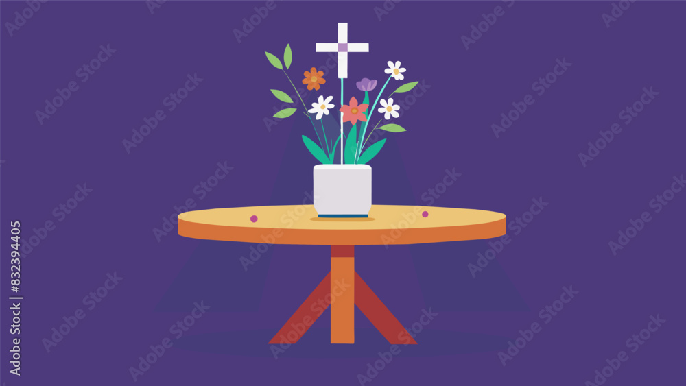 Poster the table adorned with a simple centerpiece perhaps a bouquet of wildflowers or a small cross as a r