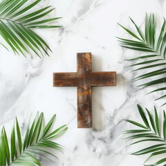 Wooden cross on white marble, representing Easter and Palm Sunday in a detailed and abstract religious scene