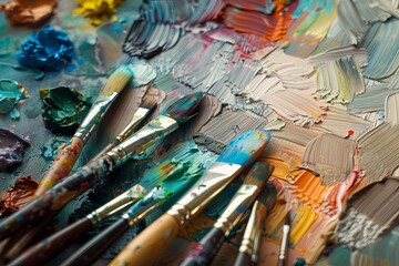 Obraz premium A tight shot of an artist's palette and collection of paintbrushes.