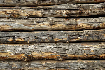 A close-up of a rustic wooden log fence, each weathered plank rich with texture and character, inviting viewers to feel the rough, organic beauty of nature.